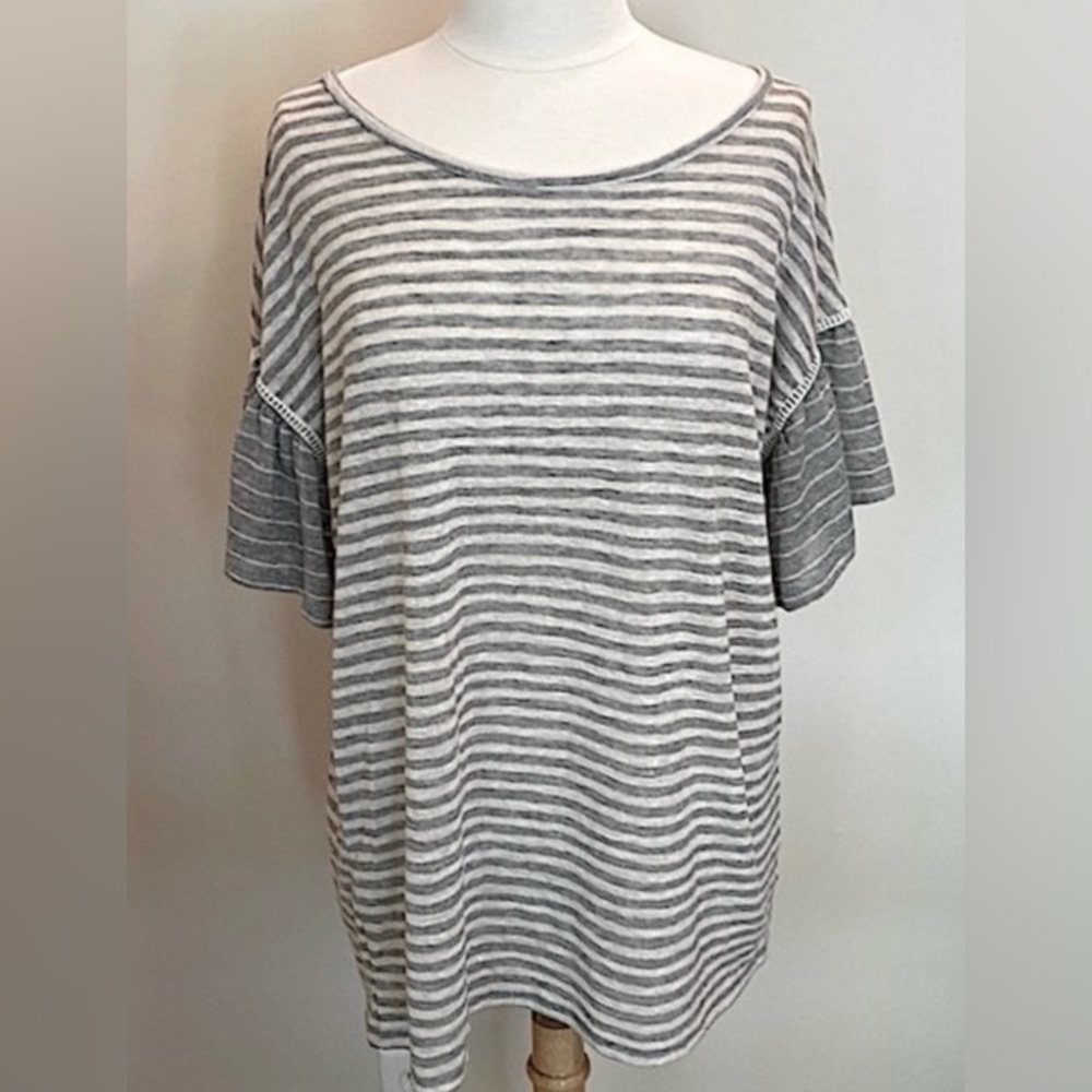 Terra Sky Grey Heather Cream Striped SZ 0X Effortless Weekend Casual Boho Top